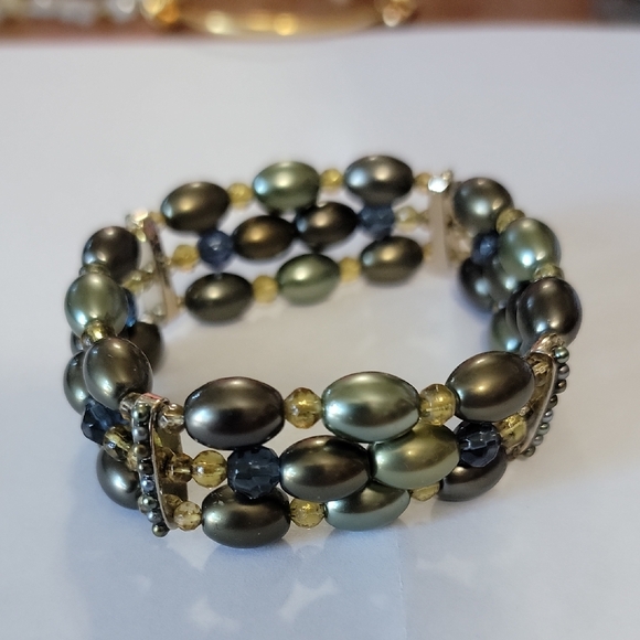 Monet Jewelry - Monet Green and Black Beaded Bracelet with Multi-Strand Design
